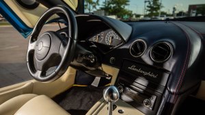 The interior of a 2003 Lamborghini Murciélago supercar.